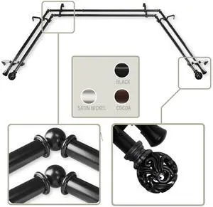 Cilla 13/16 inch Bay Window Double Curtain Rod 20"-36", 38"-72" - Black