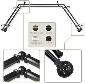 Ruston 13/16 inch Bay Window Double Curtain Rod 20-36", 38-72" - Black