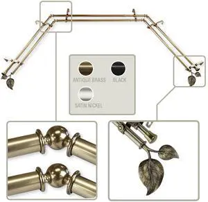Eve 13/16 inch Bay Window Double Curtain Rod 20"-36", 38"-72" - Antique Brass