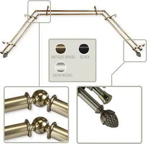 Cupule 13/16 inch Bay Window Double Curtain Rod 20-36", 38-72" - Antique Brass