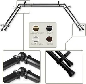 Basic 13/16 inch Double Bay Curtain Rod 20"-36", 38"-72" - Black