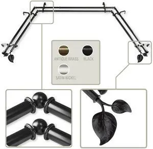 Eve 13/16 inch Bay Window Double Curtain Rod 20"-36", 38"-72" - Black