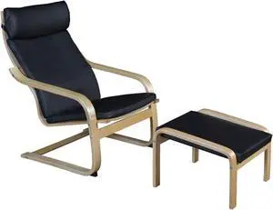 Niche Mia Bentwood Reclining Chair and Ottoman- Natural/ Black Leather