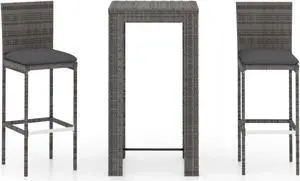 vidaXL 3 Piece Outdoor Bar Set with Cushions Poly Rattan Gray