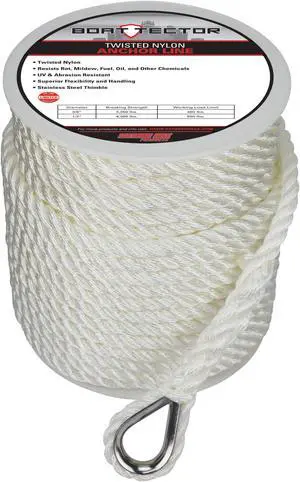 Extreme Max 3006.2303 BoatTector Twisted Nylon Anchor Line with Thimble - 1/2" x 150', White