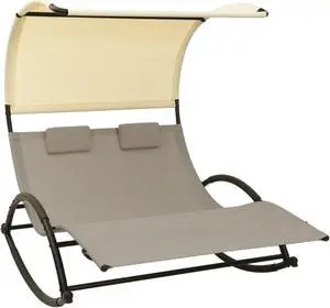 vidaXL Double Sun Lounger with Canopy Textilene Taupe and Cream