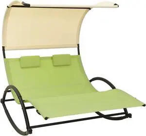 vidaXL Double Sun Lounger with Canopy Textilene Green and Cream