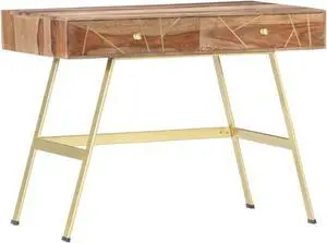 vidaXL Writing Desk Natural and brass Solid Acacia wood