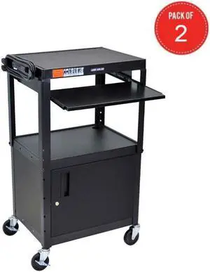 Luxor Mobile Adjustable Multipurpose Steel Storage AV Cart with Cabinet, Pullout Keyboard Tray - Black (pack of 2)