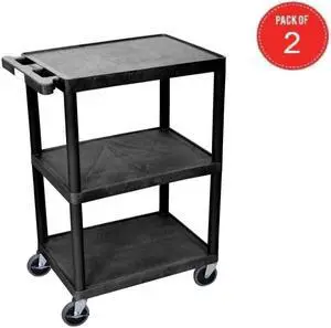 Luxor HE34-B 3 Shelves Multipurpose Storage Structural Foam Plastic Service Utility Cart - Black (pack of 2)