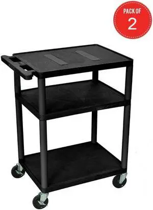 Luxor Endura Ergonomic Push Handle 3 Shelves Multipurpose Rolling AV Cart - Black (pack of 2)