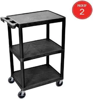 Luxor STC222-B 3 Flat Shelf Multipurpose Utility Cart - Black (pack of 2)