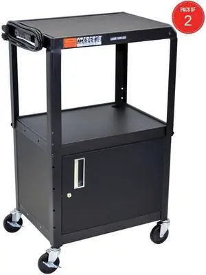 Luxor AVJ42C Height Adjustable Multipurpose Steel A/V Utility Cart with Locking Cabinet - Black (Pack of 2)