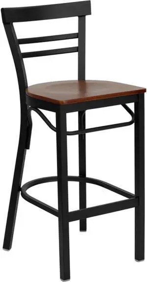 Flash Furniture XU-DG6R9BLAD-BAR-CHYW-GG Hercules Series Black Ladder Back Metal Restaurant Bar Stool with Cherry Wood Seat