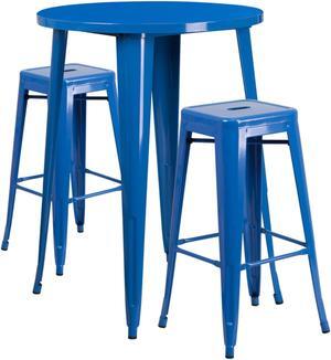 Flash Furniture 30'' Round Blue Metal Indoor-Outdoor Bar Table Set with 2 Square Seat Backless Stools