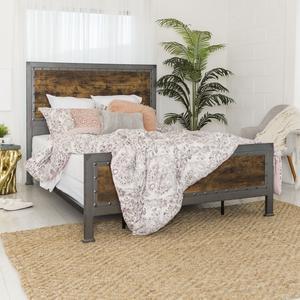Queen Size Industrial Wood and Metal Bed - Brown