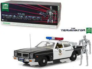 1977 Dodge Monaco Metropolitan Police with T-800 Endoskeleton Figure \The Terminator\" (1984) Movie 1/18 Diecast Model Car by Greenlight"