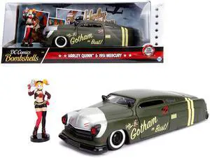 1951 Mercury Matt Green with Harley Quinn Diecast Figure \DC Comics Bombshells\" Series 1/24 Diecast Model Car by Jada"