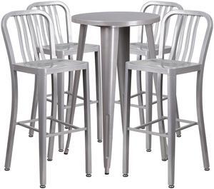 Flash Furniture 24'' Round Silver Metal Indoor-Outdoor Bar Table Set with 4 Vertical Slat Back Stools