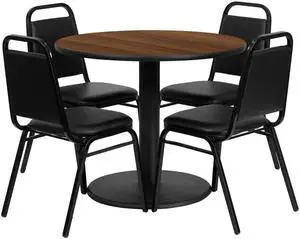 Flash Furniture 36" Round Walnut Laminate Table Set with 4 Black Trapezoidal Back Banquet Chairs