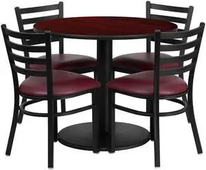 Flash Furniture 36" Round Mahogany Laminate Table Set with 4 Ladder Back Metal Chairs with Burgundy Vinyl Seat