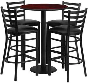 Flash Furniture 30'' Round Mahogany Laminate Table Set with 4 Ladder Back Metal Bar Stools-Black Vinyl Seat