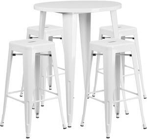 Flash Furniture 30'' Round White Metal Indoor-Outdoor Bar Table Set with 4 Square Seat Backless Stools