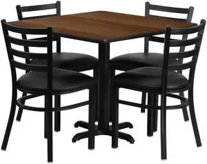 Flash Furniture Square Laminate Table Set with 4 Ladder Back Metal Vinyl Seat Chair, 36", Black/Walnut