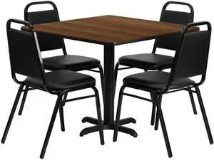 Flash Furniture HDBF1012-GG 36" Square Walnut Laminate Table Set with 4 Black Trapezoidal Back Banquet Chairs