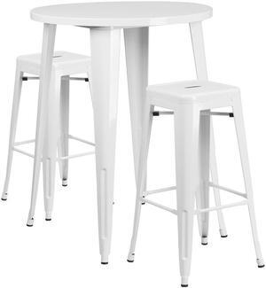 Flash Furniture 30'' Round White Metal Indoor-Outdoor Bar Table Set with 2 Square Seat Backless Stools