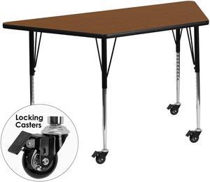 Flash Furniture Mobile 30''W x 60''L Trapezoid Oak HP Laminate Activity Table - Standard Height Adjustable Legs