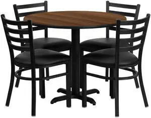 Flash Furniture Round Laminate Table Set with 4 Ladder Back Metal Vinyl Seat Chair, 36", Black/Walnut