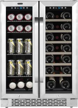 Whynter 24 Inch Built-In French Door Dual Zone 20 Bottle Wine Refrigerator 60 Can Beverage Center