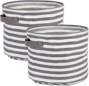 DII Pe Coated Herringbone Woven Cotton Laundry Bin Stripe Gray Round Medium  (Set of 2)