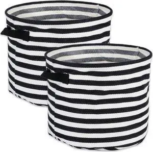 DII Pe Coated Herringbone Woven Cotton Laundry Bin Stripe Black Round Medium  (Set of 2)