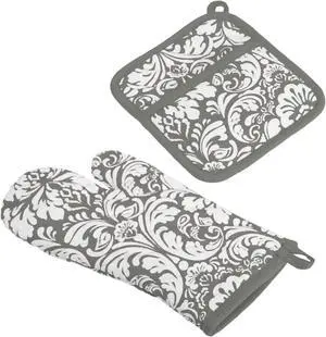 DII Gray Damask Oven Mitt & Potholder Set