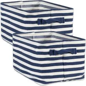 DII Pe Coated Herringbone Woven Cotton Laundry Bin Stripe French Blue Rectangle Medium  (Set of 2)