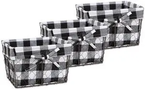 DII Small Vintage Grey Chicken Wire Black White Check Liner Basket (Set of 3)