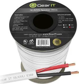 16 Gauge CL2 OFC Speaker Wire, GearIT Pro Series 16AWG (250 Feet / 76.2 Meters / White) Oxygen Free Copper UL CL2 Rated In-Wall Speaker Wire Cable for Home Theater and Car Audio Use