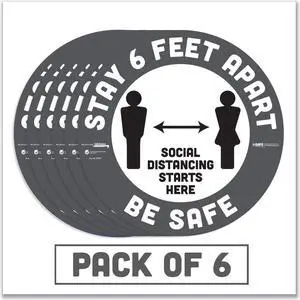 BeSafe Carpet Decals, Stay 6 Feet Apart; Be Safe, 12" Dia, White/Gray, 6/Pack