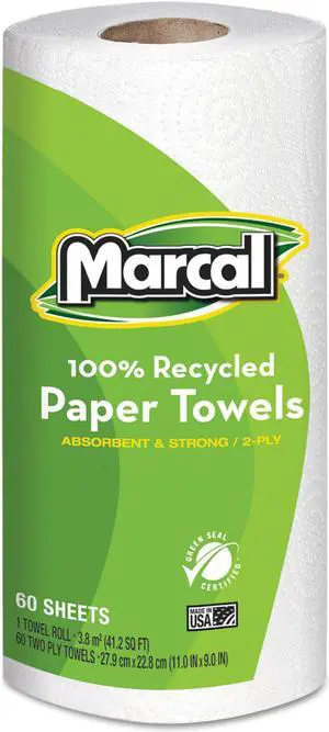 100% Premium Recycled Kitchen Roll Towels 2-Ply 9 x 11 60 Sheets 15 Rolls/Carton 6709