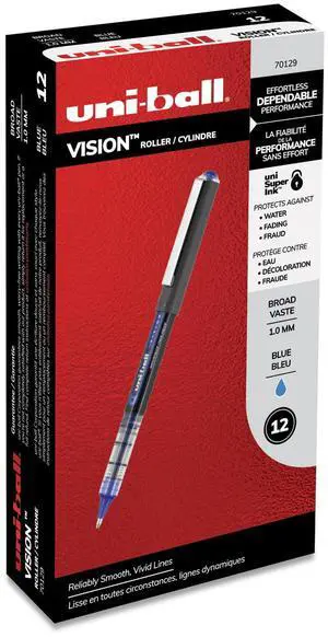 Uni-ball VISION Roller Ball Pen, Bold 1 mm, Blue Ink, Black/Blue Barrel, Dozen