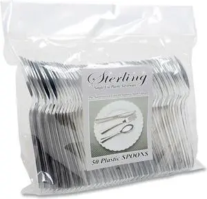 Tablemate Sterling Heavy-Duty Plastic Cutlery, Spoons, Silver, 50/Pack