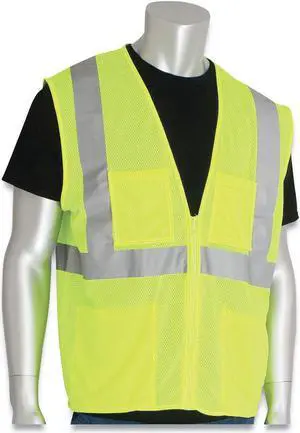 ANSI Class 2 Four Pocket Zipper Safety Vest Polyester Mesh 4X-Large Hi-Viz Lime Yellow 302MVGZ4PLY4X