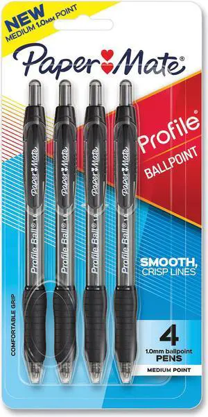 Paper Mate Profile Retractable Ballpoint Pen - 1mm Pen Point Size - Black Ink - Black Barrel - 4/Pack 2113558