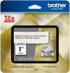 Brother TZePR254 Gold Print on Premium Glitter White Laminated Tape for P-touch Label Maker, 24 mm (0.94") Wide x 8 m (26.20 ft.) Long