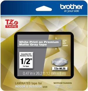 Brother TZeML35 White Print on Premium Matte Light Gray Laminated Tape for P-touch Label Maker, 12 mm (0.47") Wide x 8 m (26.20 ft.) Long