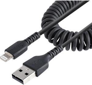 StarTech 1m (3ft) USB to Lightning Cable, MFi Certified, Coiled iPhone Charger Cable, Black, Durable TPE Jacket Aramid Fiber, Heavy Duty Coil Lightning Cable