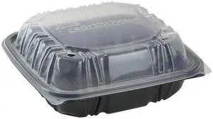 EarthChoice Vented Hinged Lid Container 3-Compartment 21oz Black/Clear 150Ct