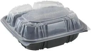 EarthChoice Vented Hinged Lid Container 33oz 3-Compartment Black/Clear 150Ct